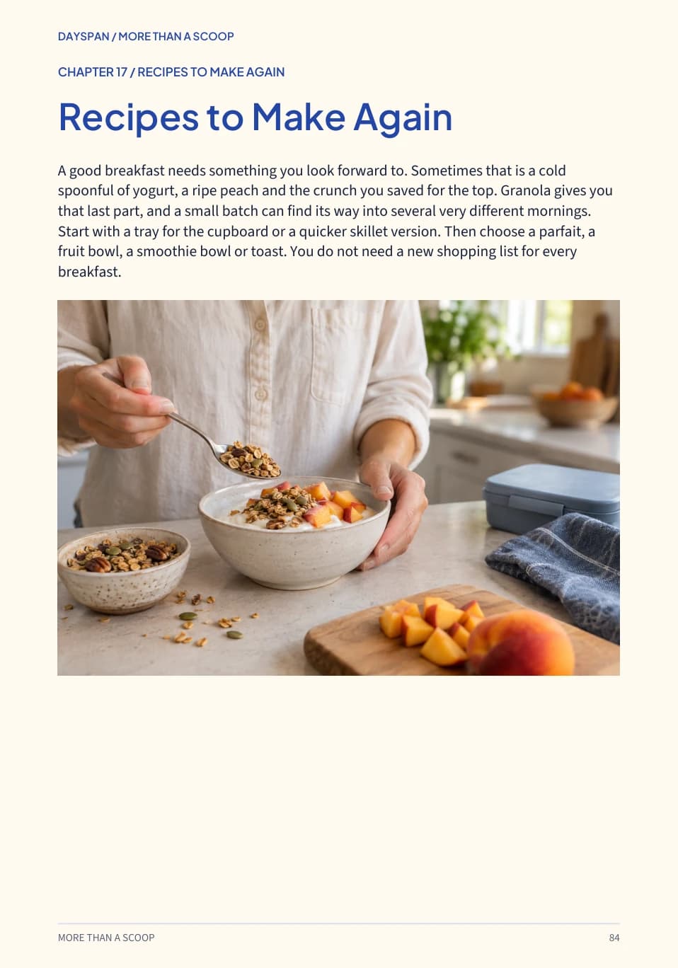 Page 84 of More Than a Scoop, introducing a breakfast routine beside a real food photograph.