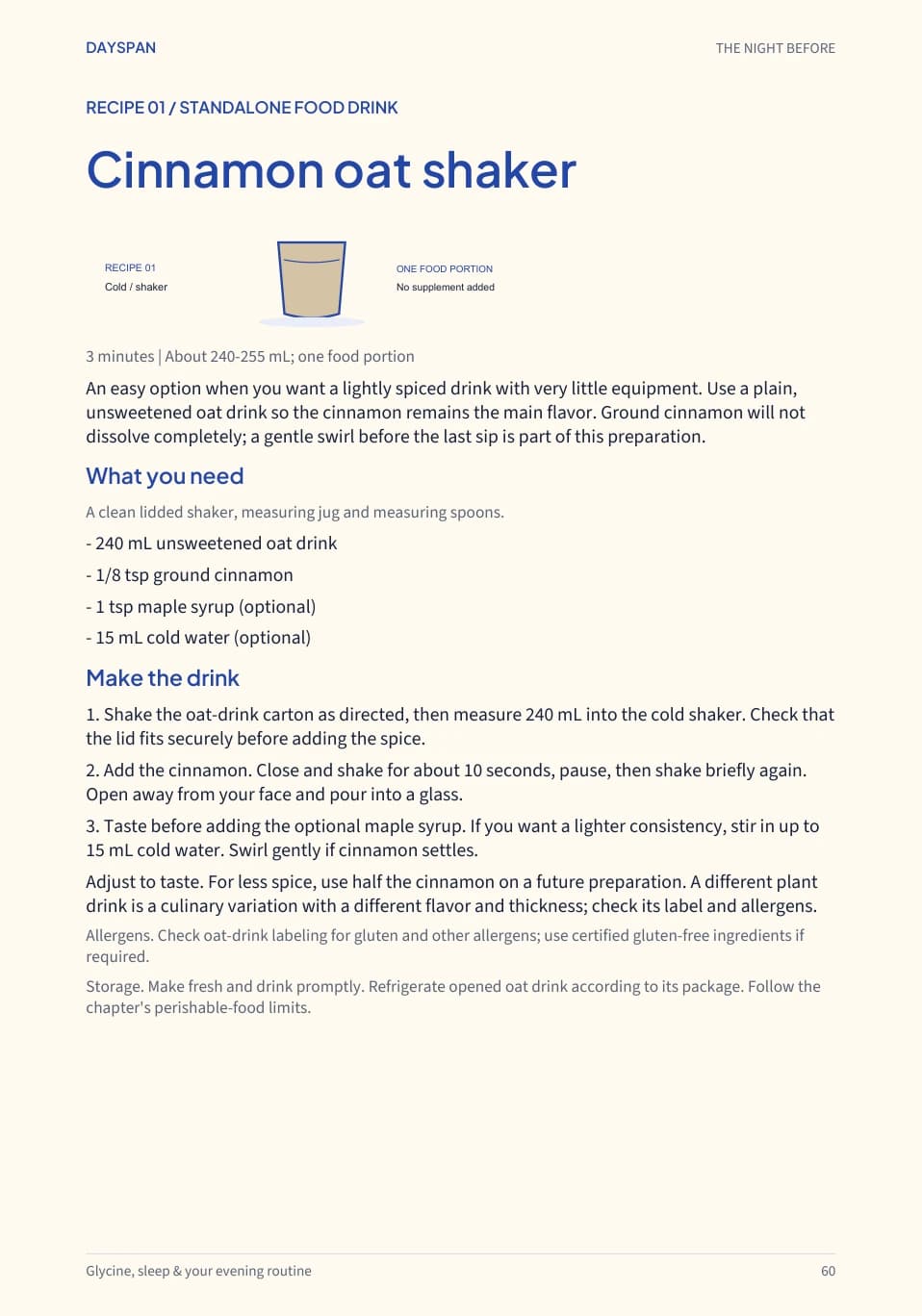 Page 60 of The Night Before, a standalone cinnamon oat drink recipe marked no supplement added.