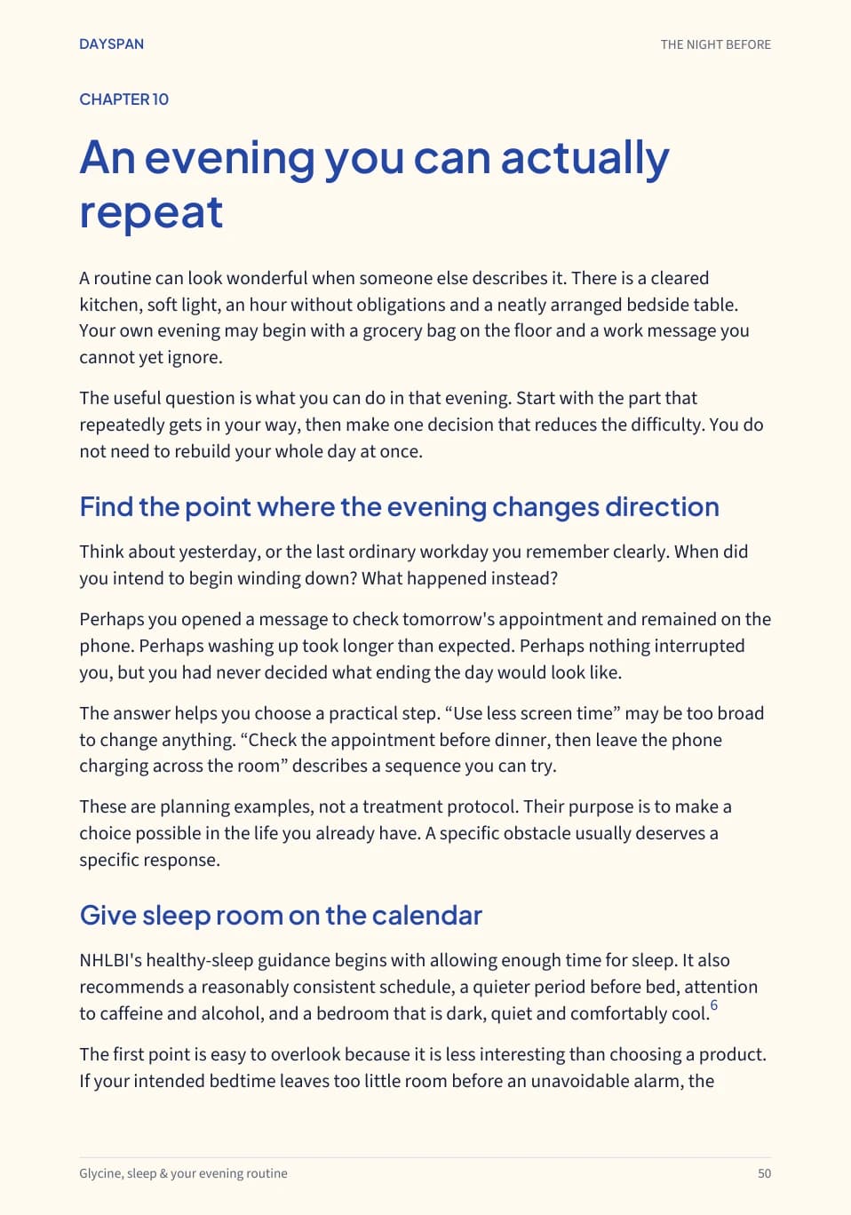 Page 50 of The Night Before, a practical evening-routine chapter.