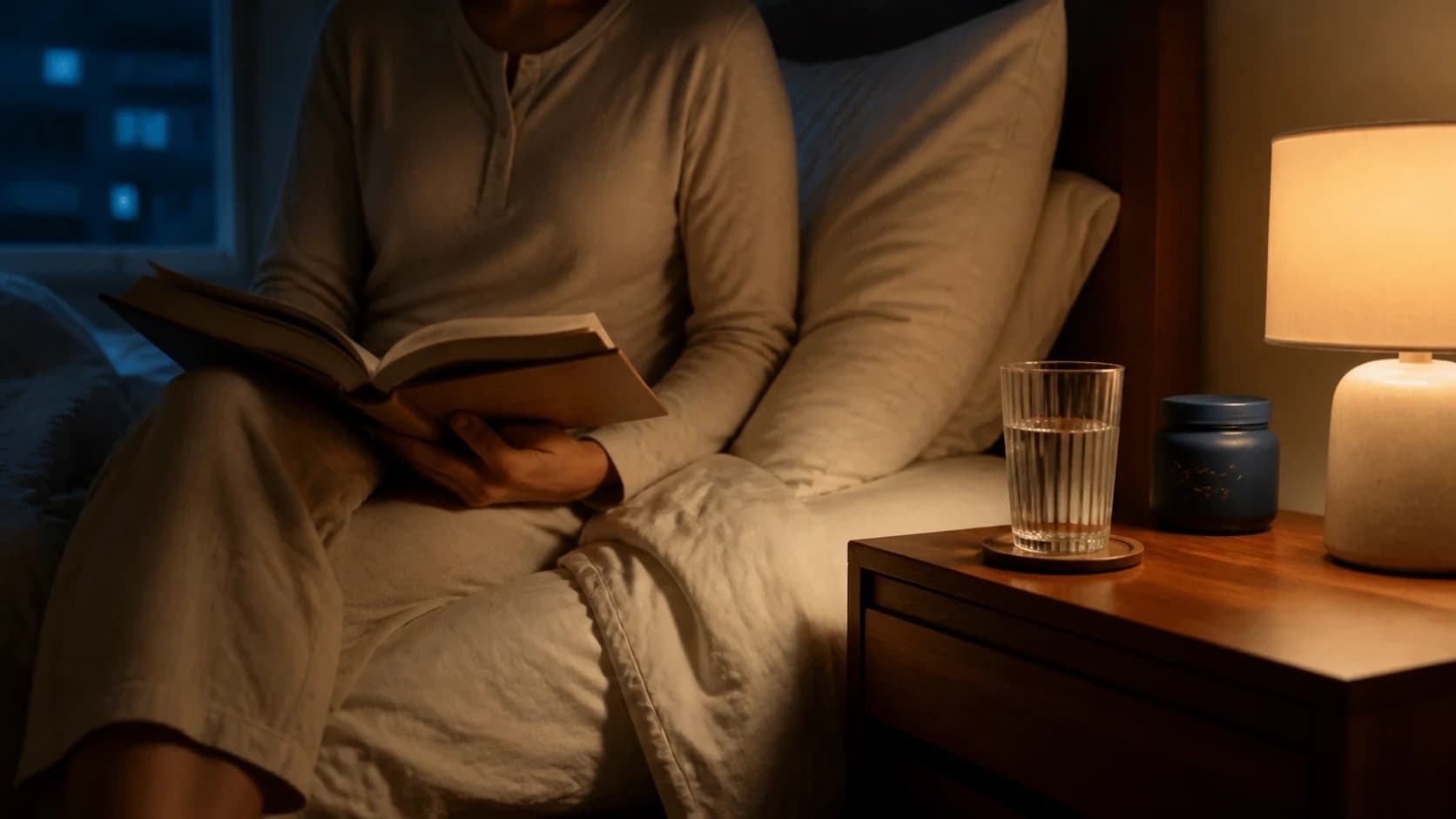A person reading in bed beside a glass of water and a softly lit navy jar.