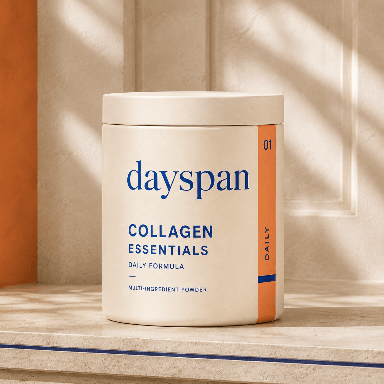 Dayspan Collagen Essentials ivory jar with an apricot stripe — front packaging concept