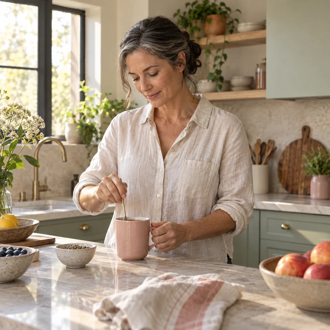 Lifestyle illustration of a woman preparing a morning drink in a sunlit kitchen