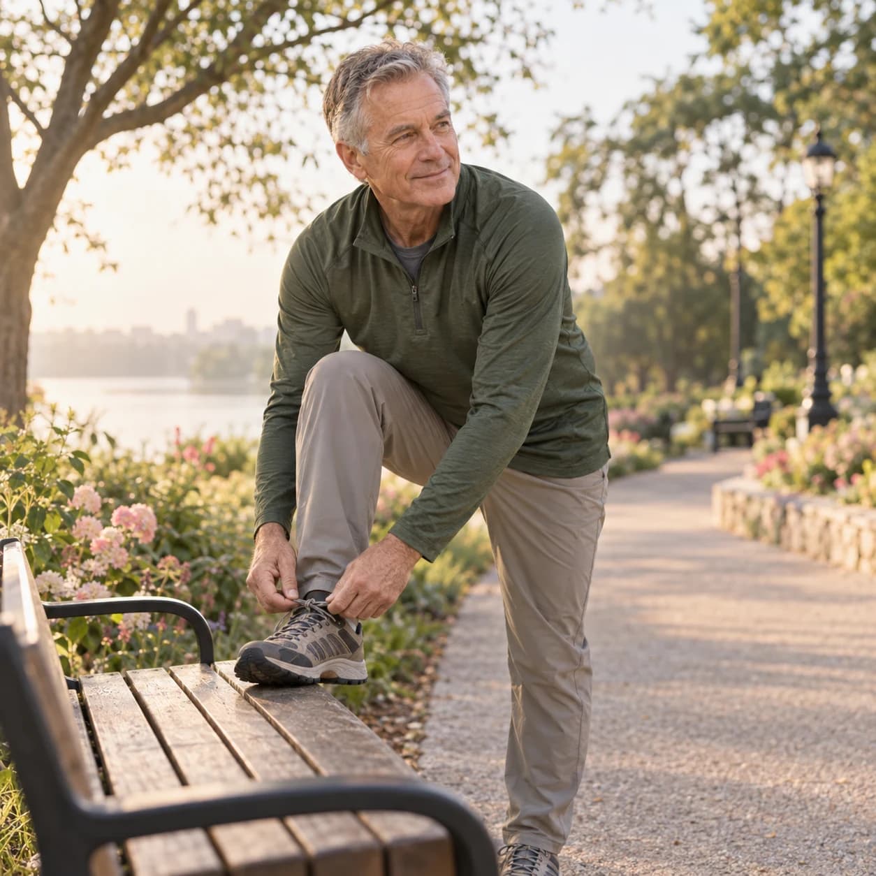 Lifestyle illustration of an older adult tying a walking shoe before a morning walk