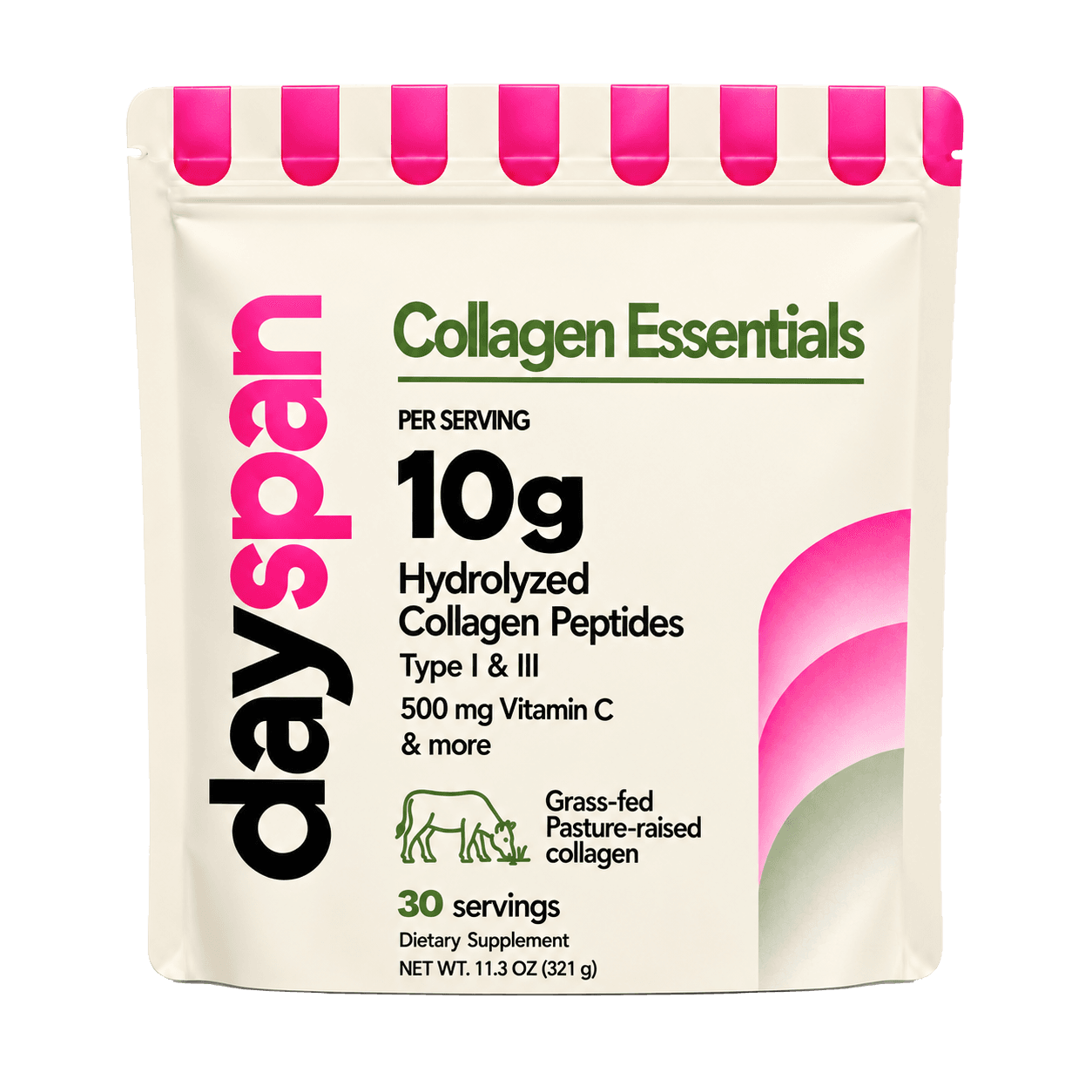Official Collagen Essentials matte ivory bag with pink and botanical green artwork, 30 servings
