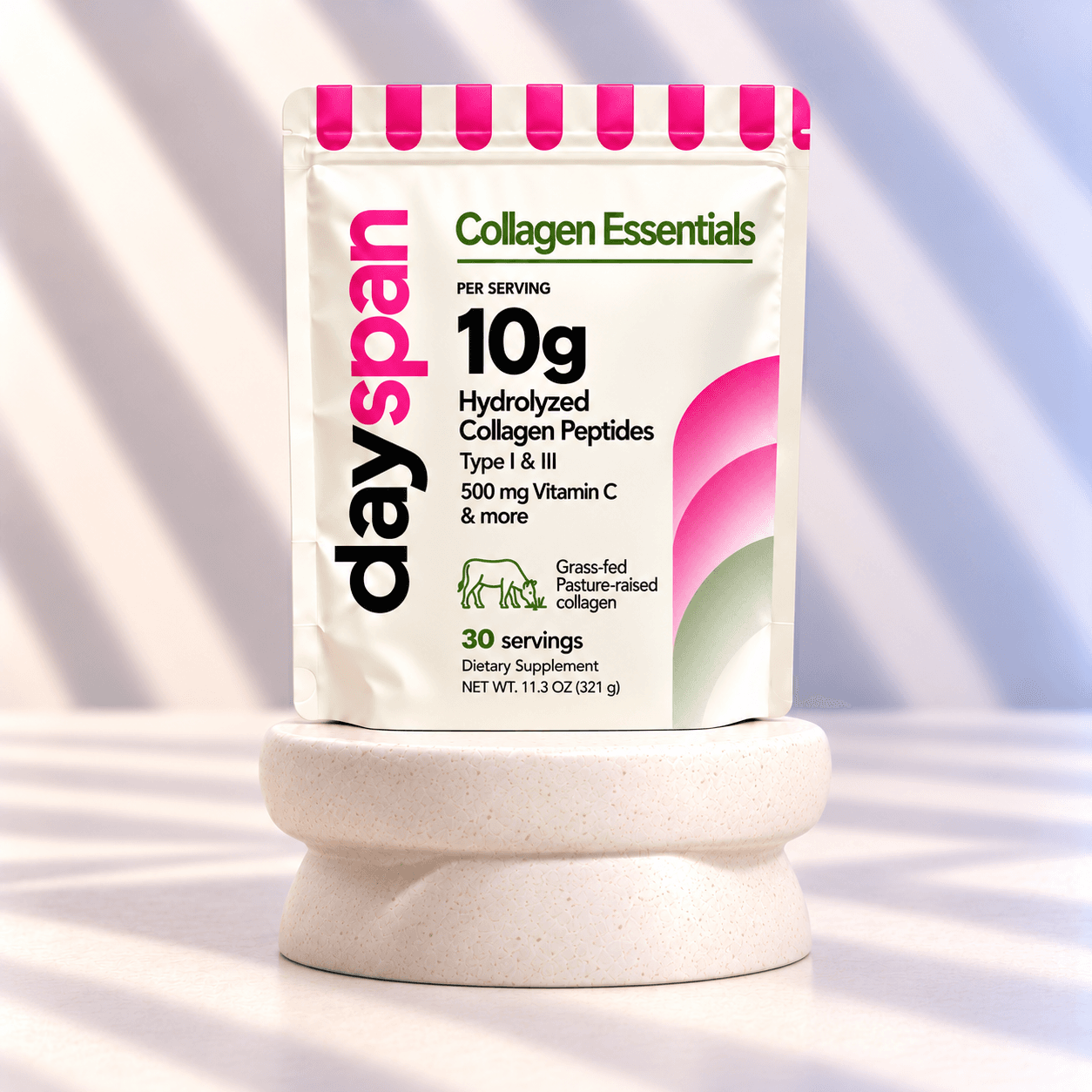 Collagen Essentials 30-serving bag on an ivory pedestal