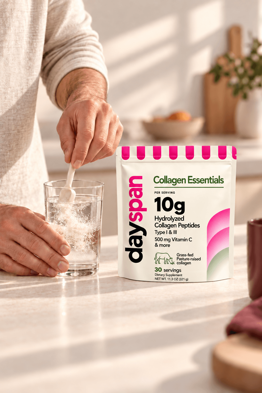 Collagen Essentials beside a daily drink