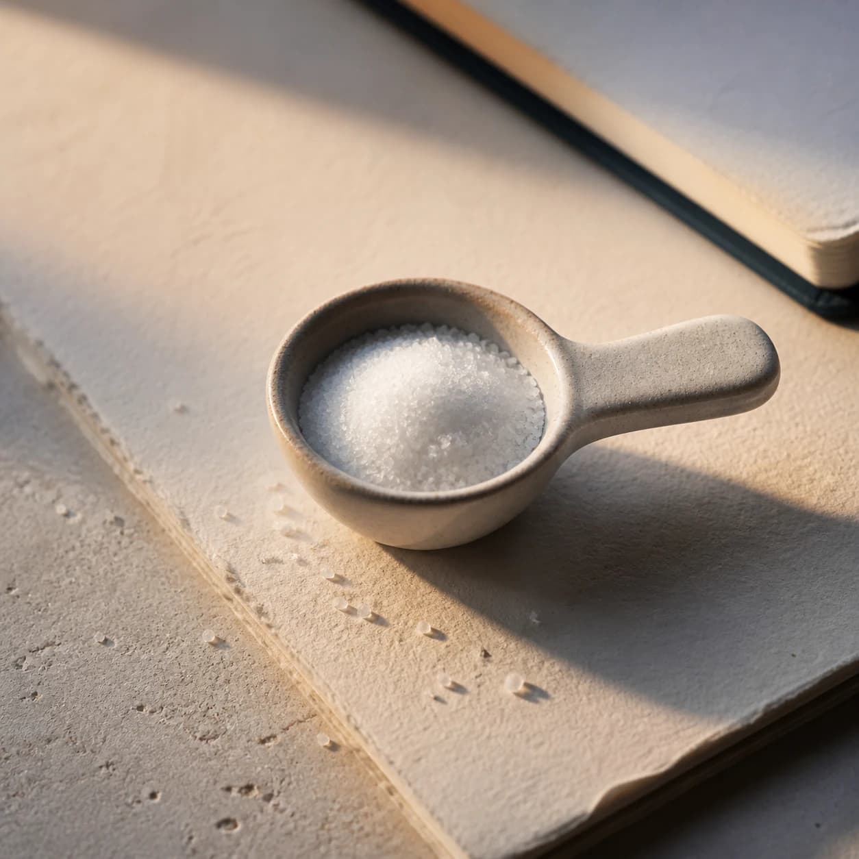 Concept photograph of crystalline glycine powder in a ceramic scoop.