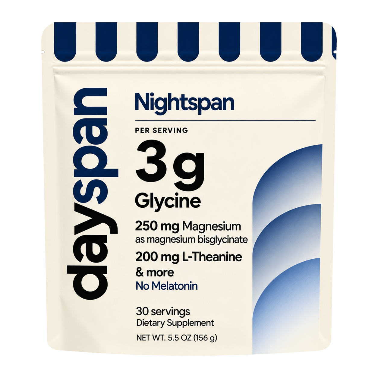 Dayspan Health Nightspan 30-serving matte bag showing 250 mg elemental magnesium as fully reacted magnesium bisglycinate