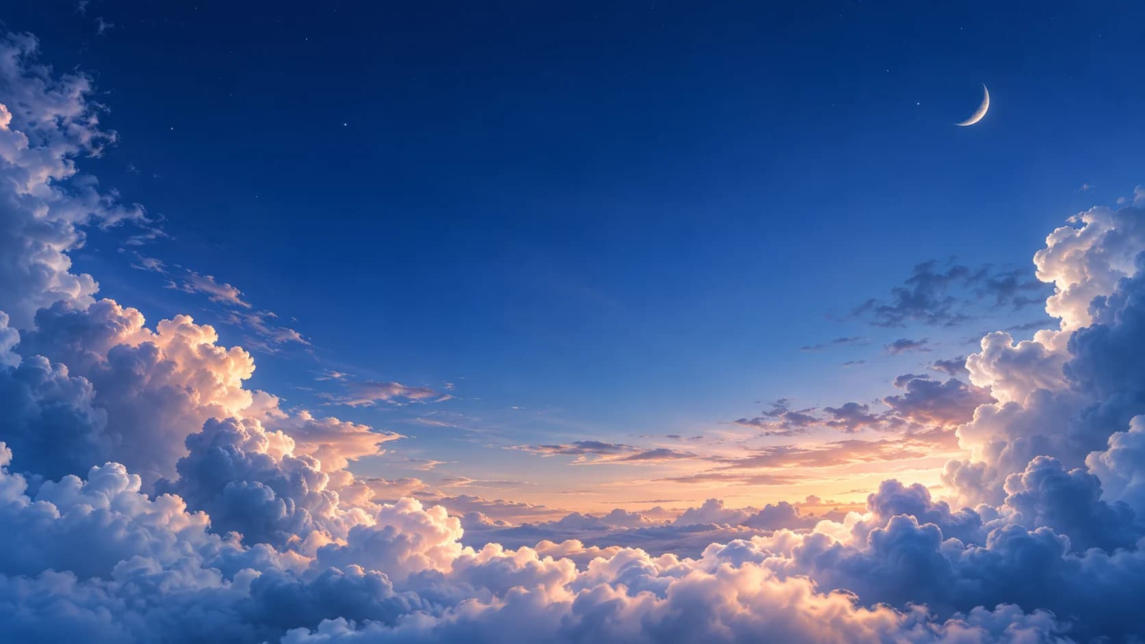 Powder-blue twilight clouds with warm peach light beneath a crescent moon