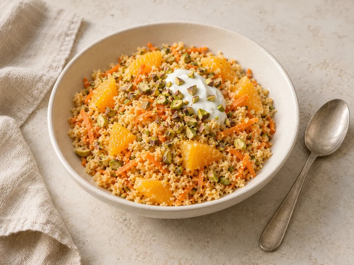 Citrus & carrot breakfast couscous, shown in a generated food illustration