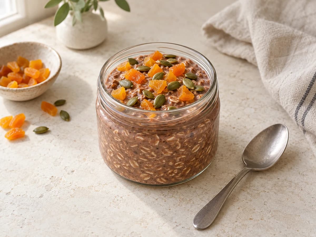 Cocoa & apricot overnight oats, shown in a generated food illustration
