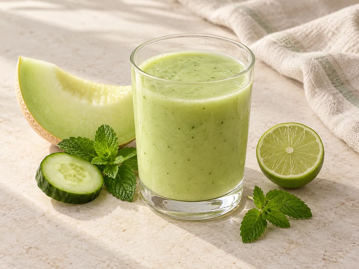 Cucumber, melon & mint cooler, shown in a generated food illustration