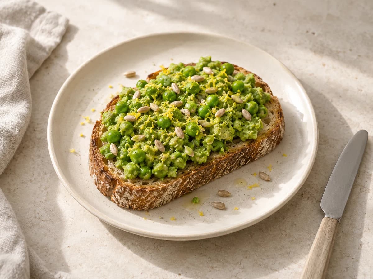 Lemon pea & sunflower toast, shown in a generated food illustration