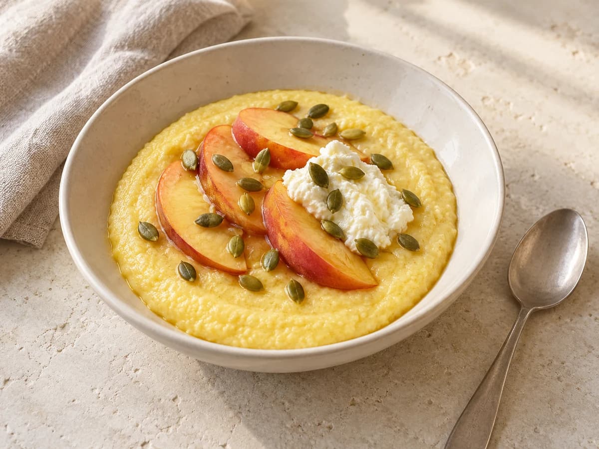 Peach & ricotta breakfast polenta, shown in a generated food illustration