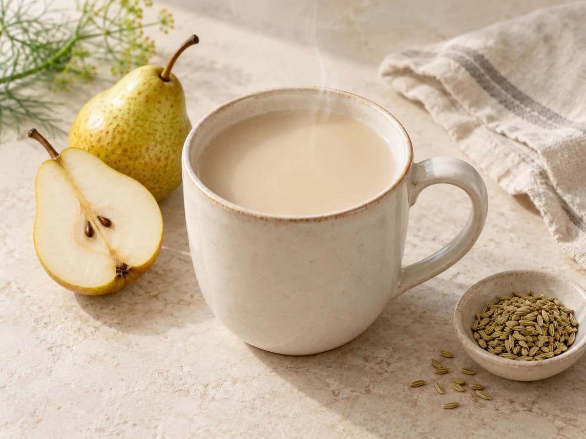 Pear & fennel oat steamer, shown in a generated food illustration