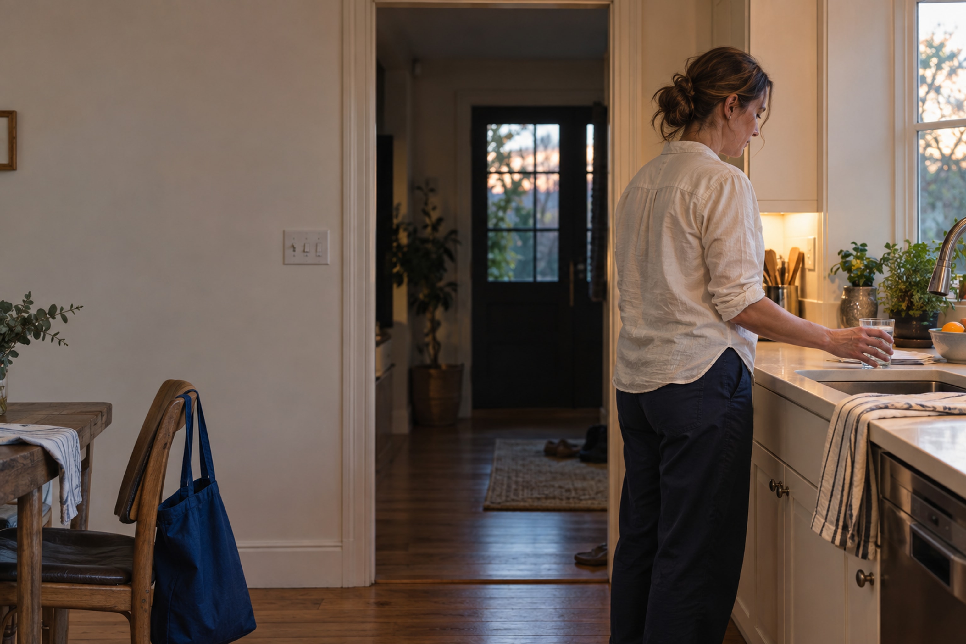 The woman back at her kitchen counter as evening daylight meets the warm light of home.