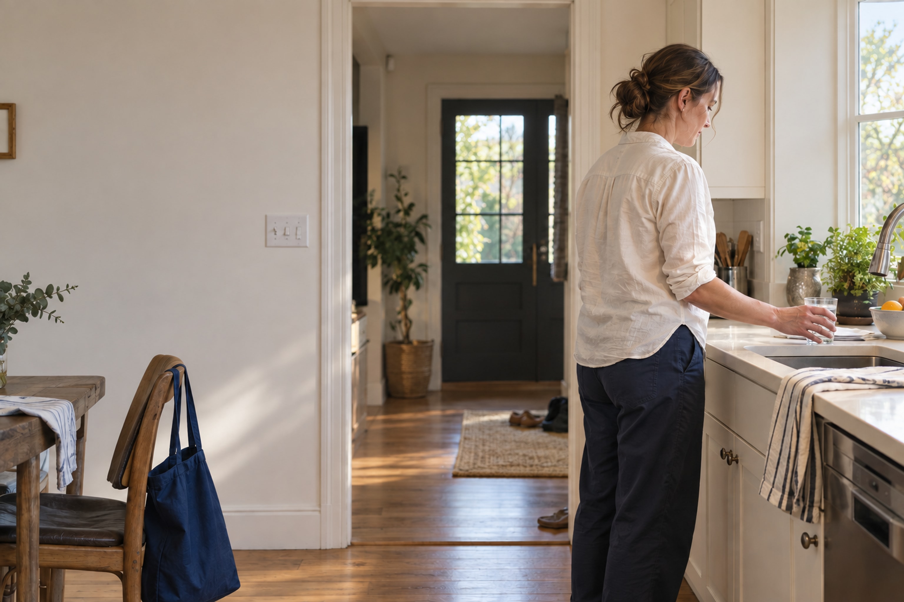 A woman at her kitchen counter in natural morning light, with a blue tote ready by the door.