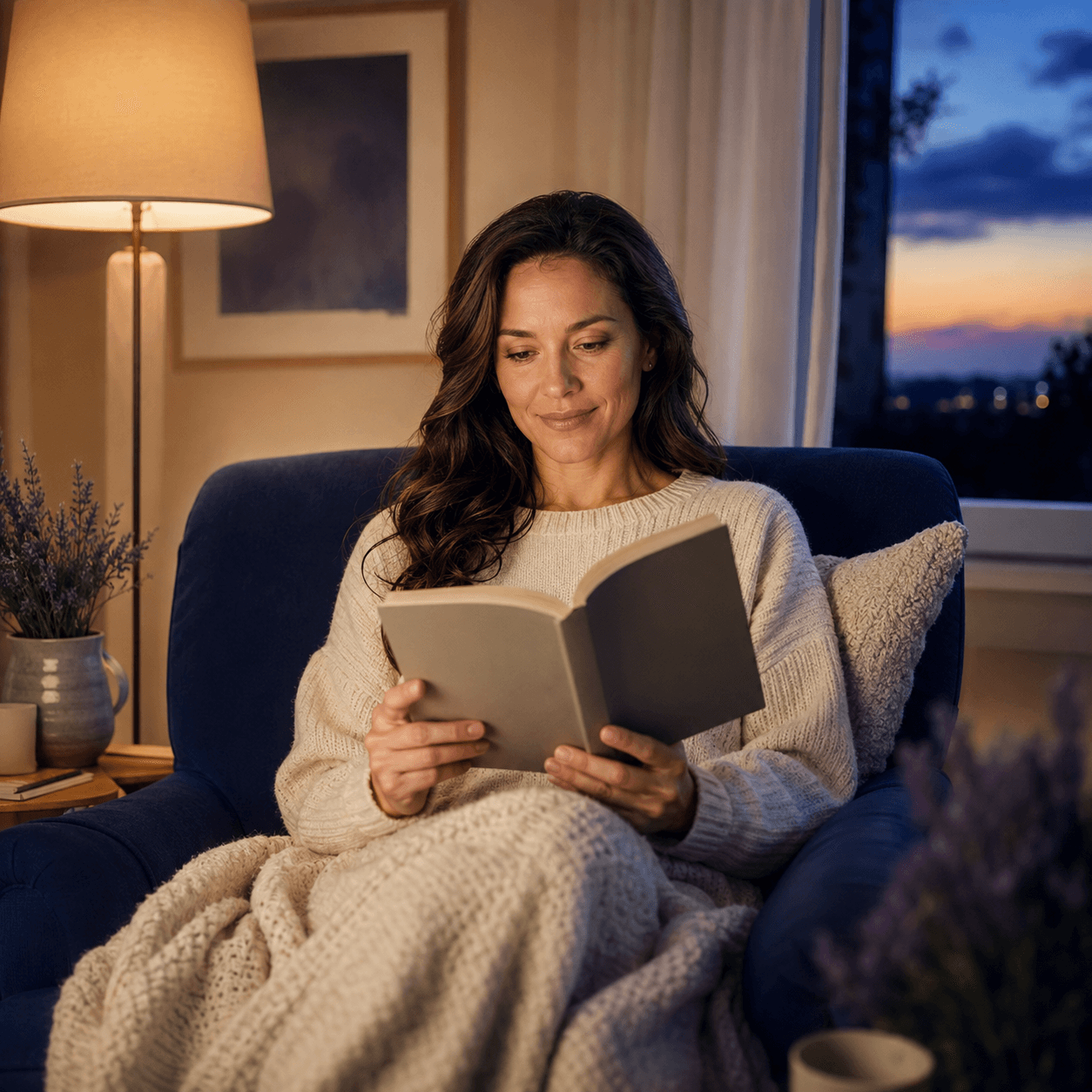 A woman reading a book in a navy armchair beside a warm lamp at dusk