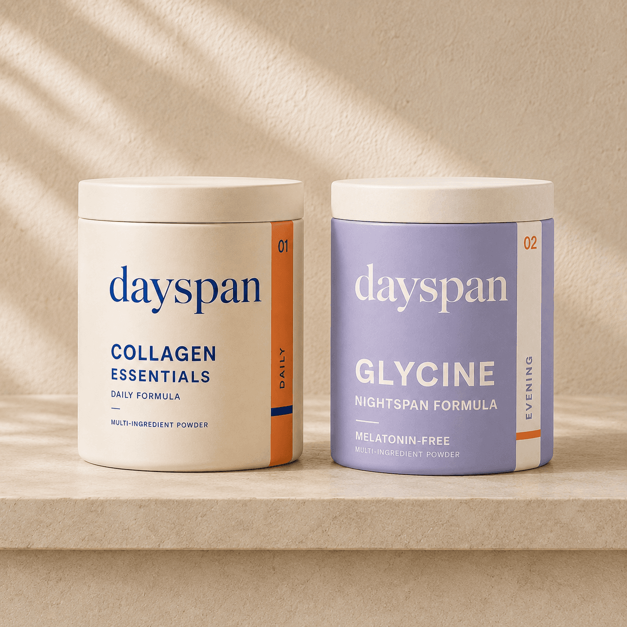 Dayspan Collagen Essentials and Nightspan packaging concepts together on a cream stone shelf